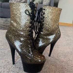Pleasers Adore 10200MB Gold Black Patent Lace Up 7" Heel Platform Ankle Boots